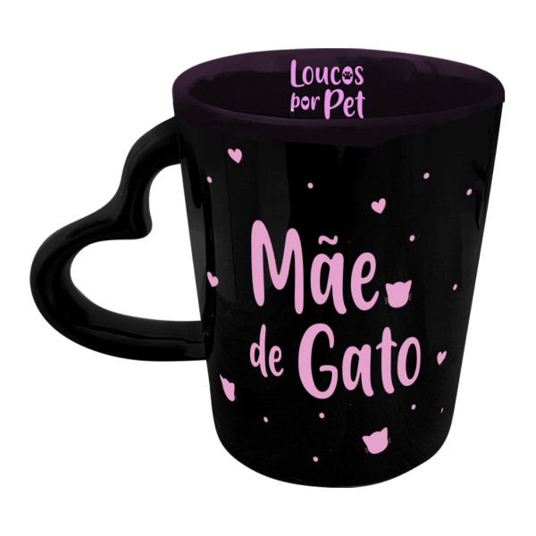 Caneca preta mãe de gato asa coração